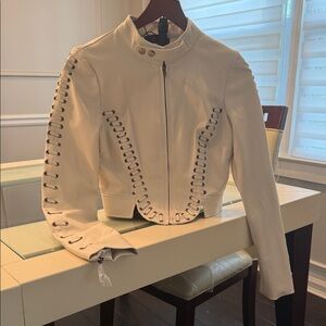 (NEVER WORN) AKIRA Cream Lace-Up Leather Moto Jacket